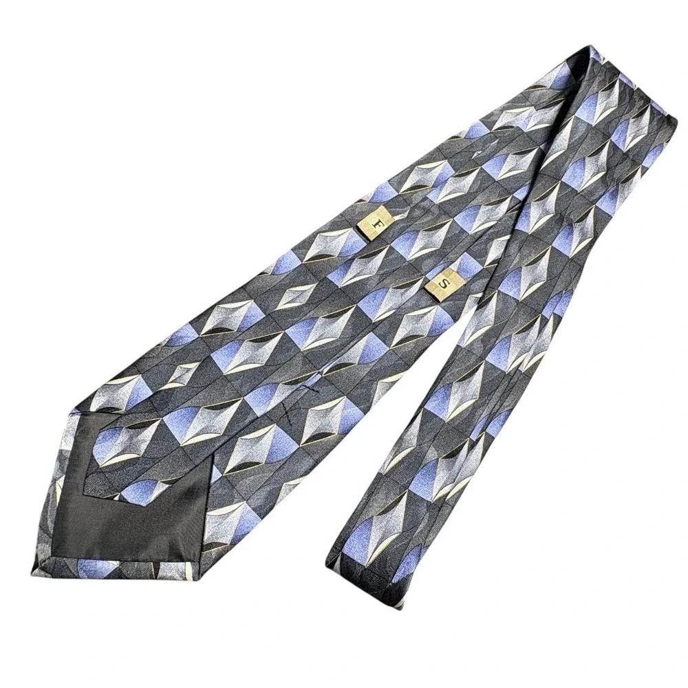 Facets‎ Necktie Mens Blue Grey Excellent Geometric Diamond Silk Hand Sewn